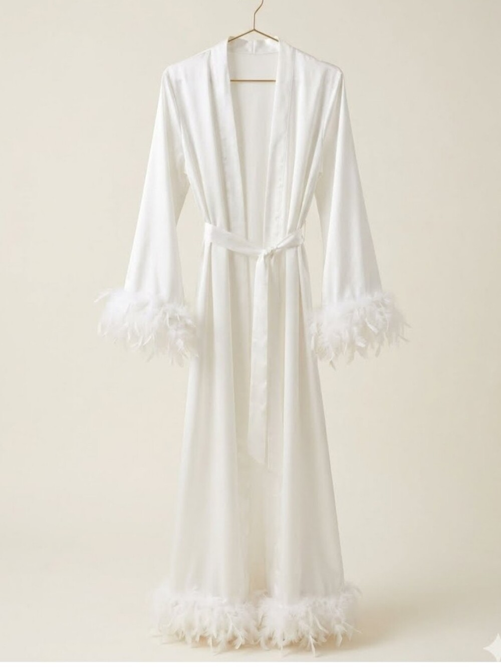 White Satin Feather Trim Long Robe - Women's Intimates Sz XS